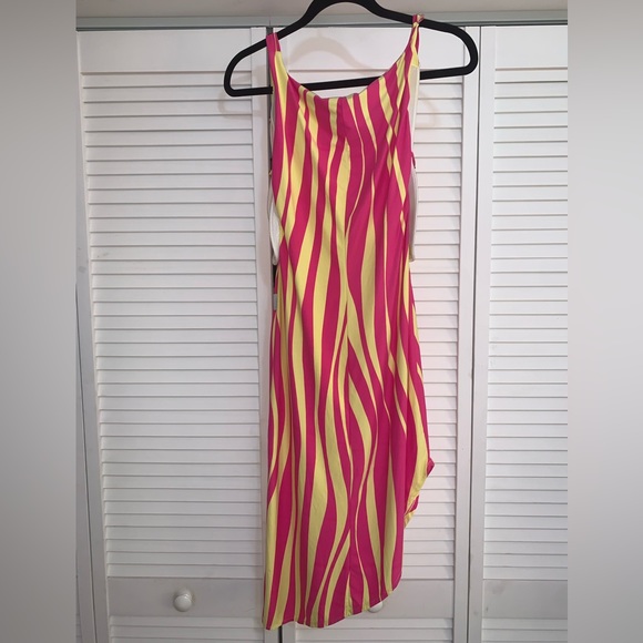 Versace Vintage 90s Asymmetrical Tiger Print MIDI Dress Pink Yellow Y2K small - Picture 6 of 10